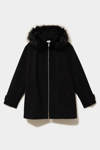Manteau zipp&eacute; capuche fausse fourrure noir femme grande taille
