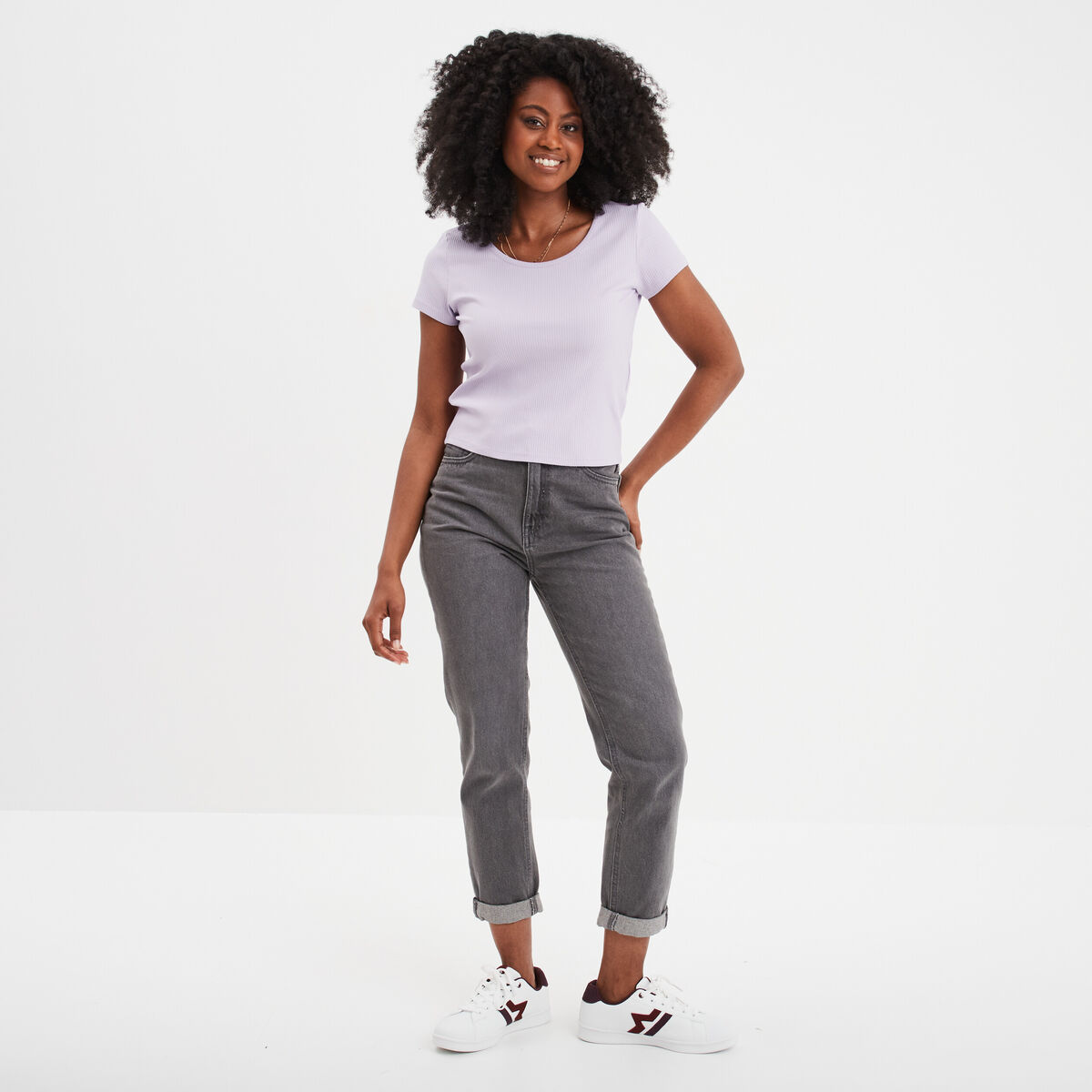 T-shirt manches courtes côtelé violet clair femme