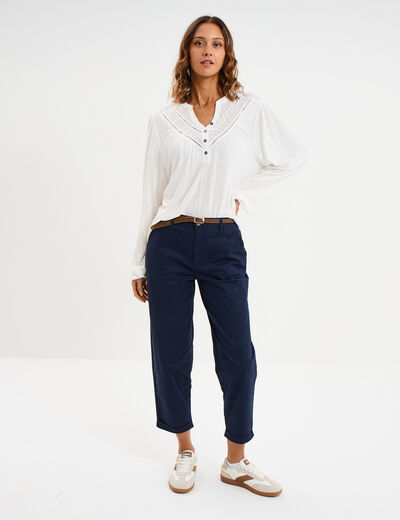 Pantalon chino regular ceinture tress&eacute;e bleu marine femme