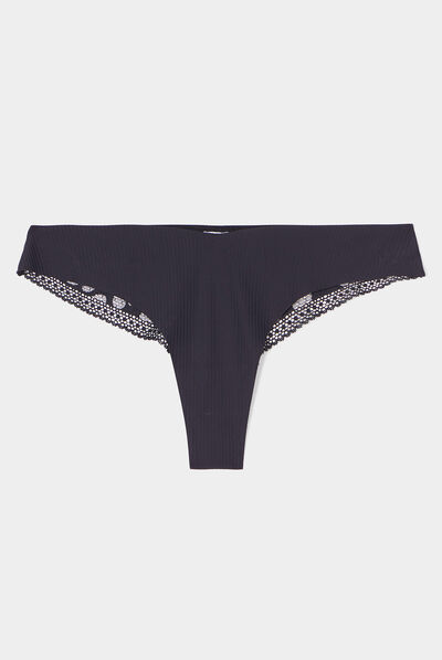 Tanga côtelé avec dentelle noir femme