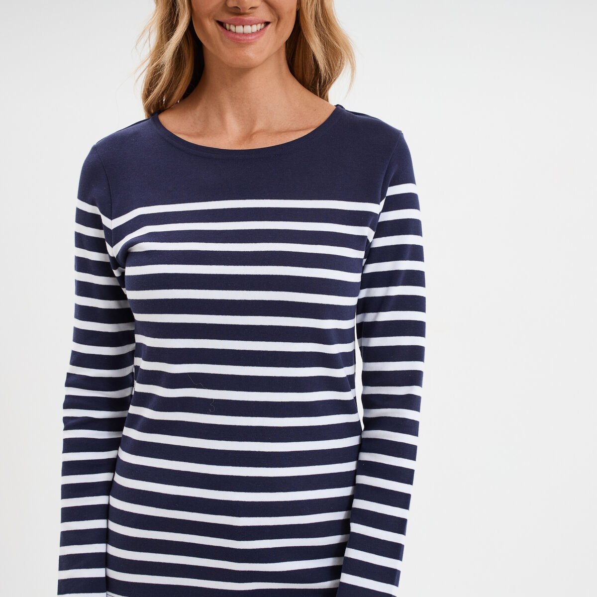 T-shirt manches longues col rond coton bleu marine femme