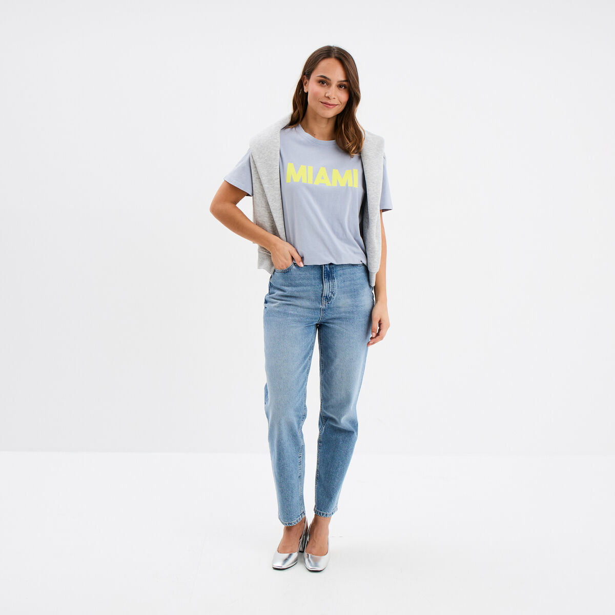 T-shirt droit manches courtes coton bleu clair femme