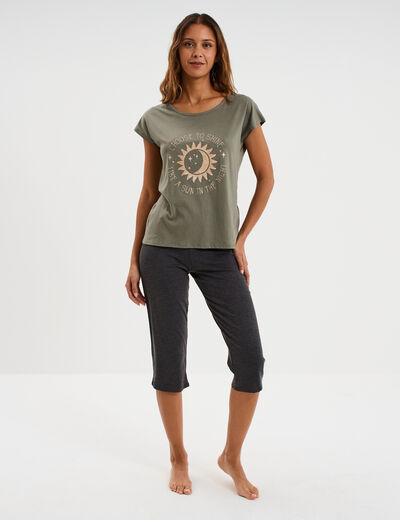 Ensemble pyjama corsaire et t-shirt vert kaki femme