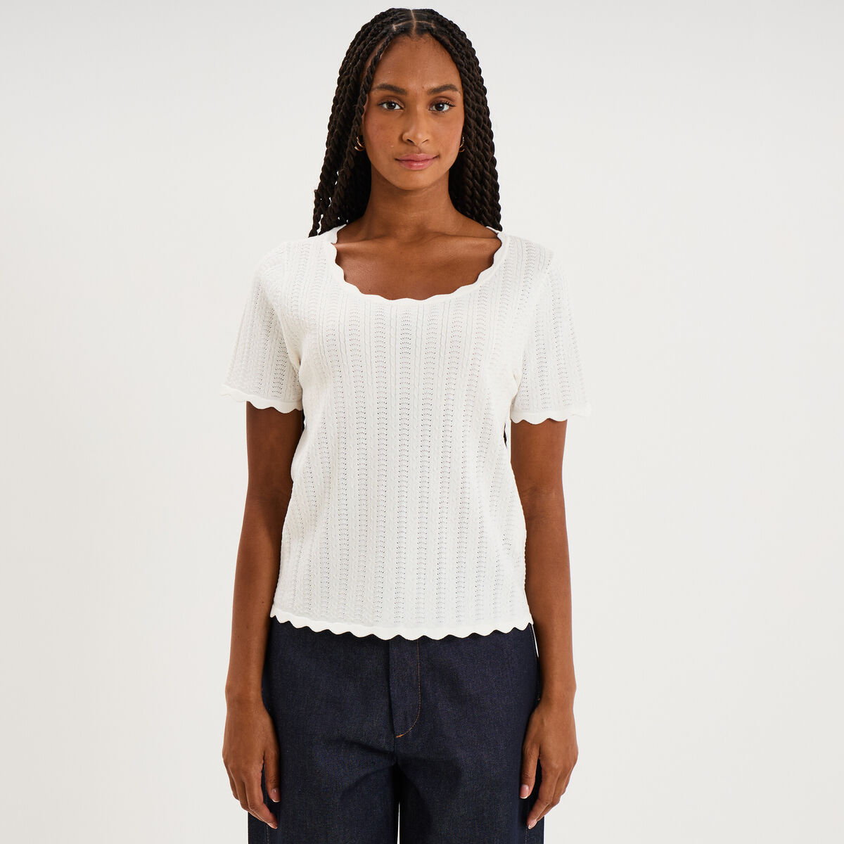 Pull ajour&eacute; col rond manches courtes blanc femme