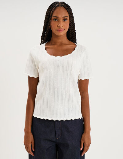 Pull ajour&eacute; col rond manches courtes blanc femme