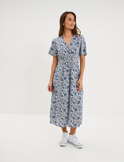 Robe longue empire taille smock&eacute;e blanc femme