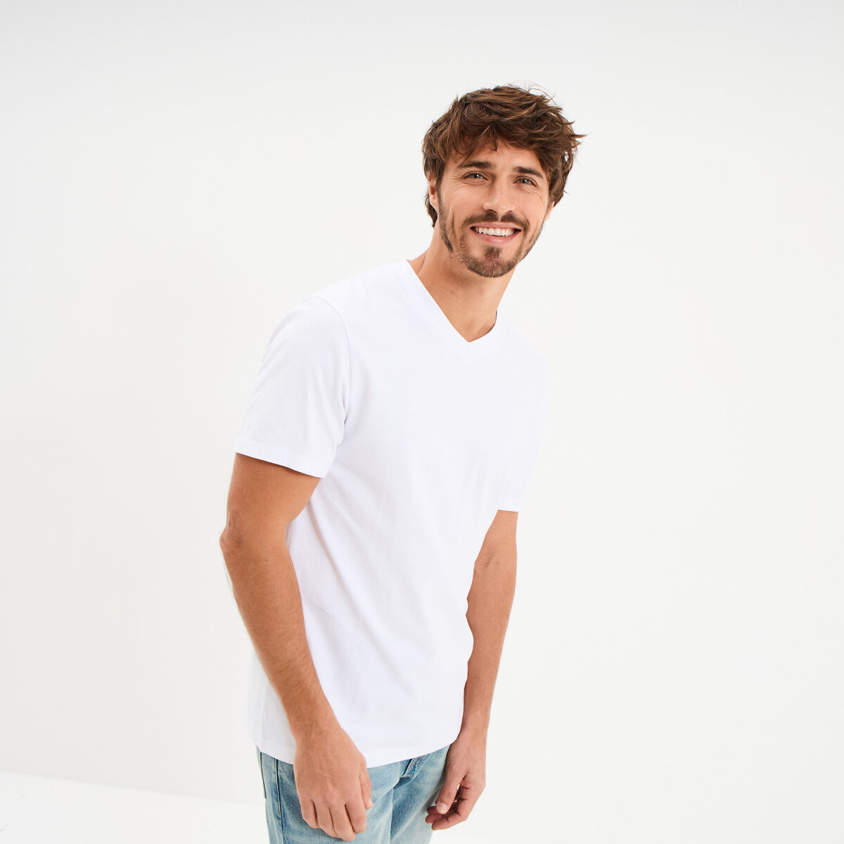 T-shirt col V slim stretch blanc homme