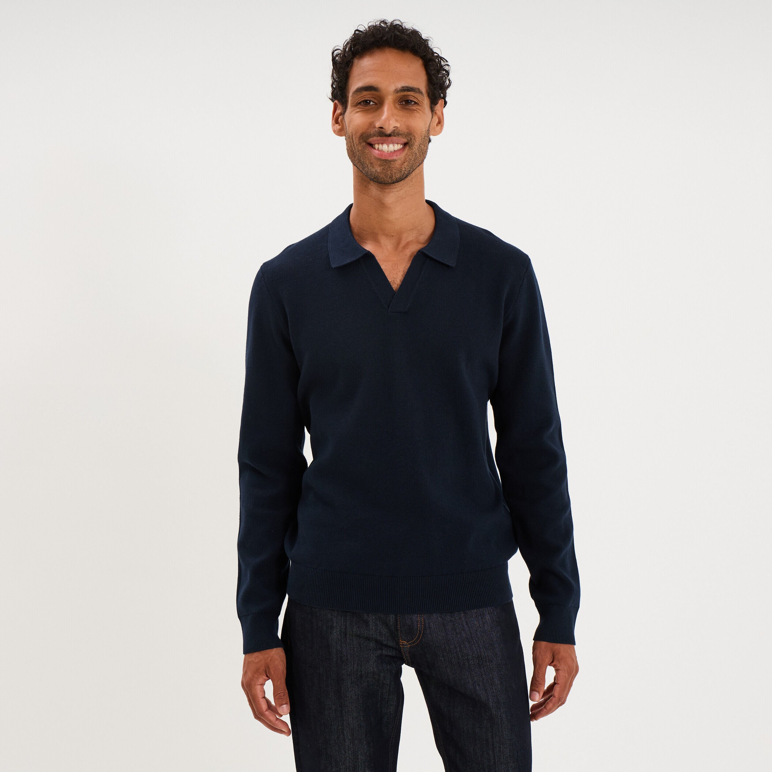 Pull col polo manches longues bleu marine homme LH