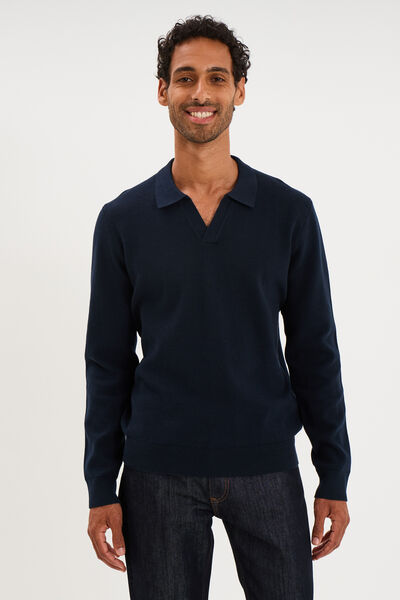 Pull col polo manches longues bleu marine homme