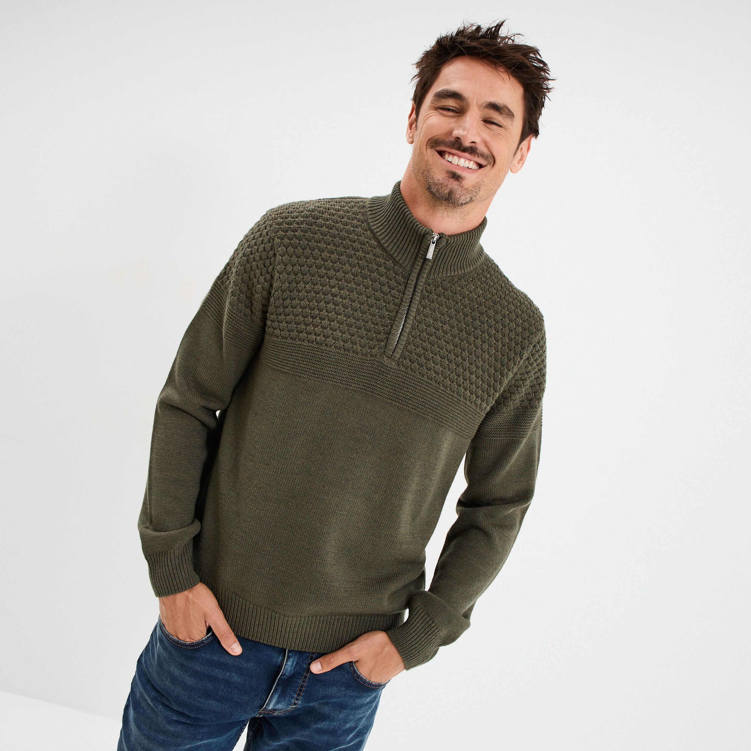 Pull col camionneur zippé Creeks vert kaki homme CREEKS