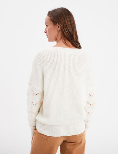 Pull ajouré col en V manches longues sable femme