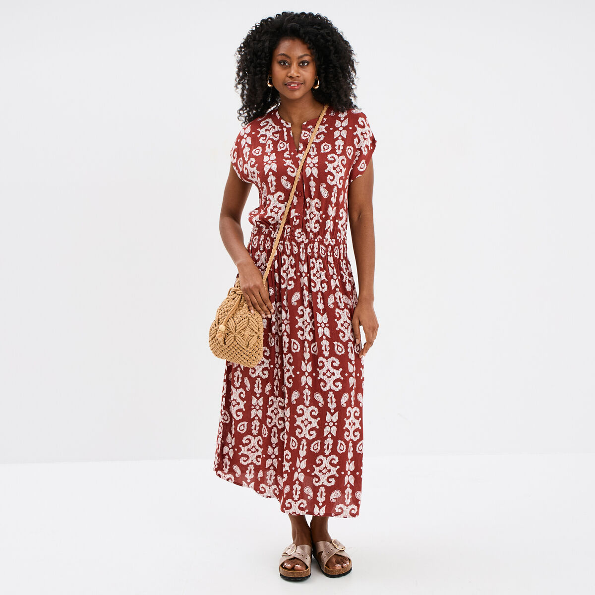 Robe midi crépon col tunisien terracotta femme
