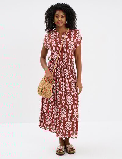 Robe midi crépon col tunisien terracotta femme