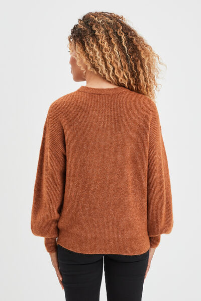 Pull col rond manches ballons camel femme
