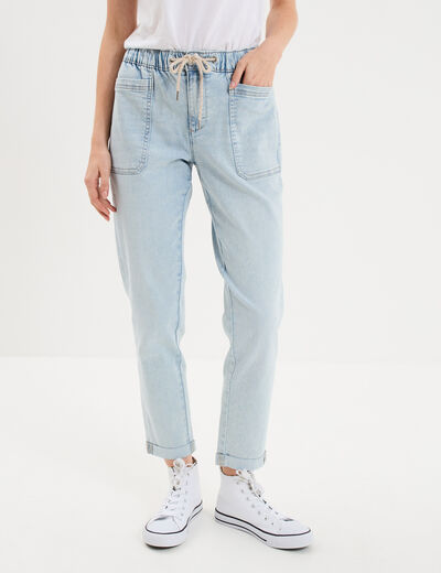 Jeans droit cropped taille &eacute;lastiqu&eacute;e denim triple stone femme