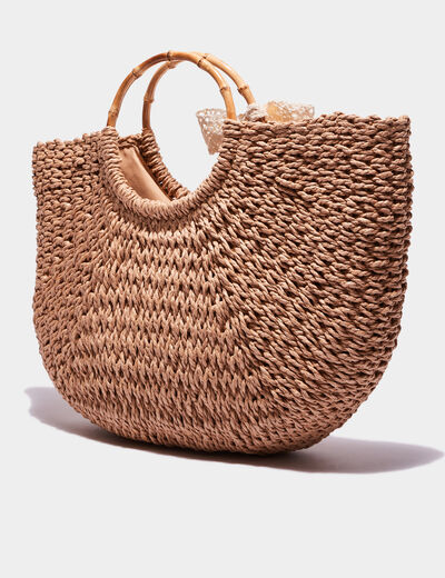 Sac à main tressé détail noeud marron clair femme