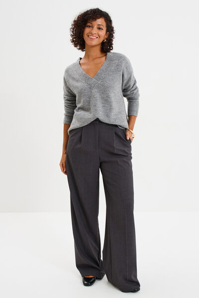 Pull droit ample col V fentes aux c&ocirc;t&eacute;s gris clair femme