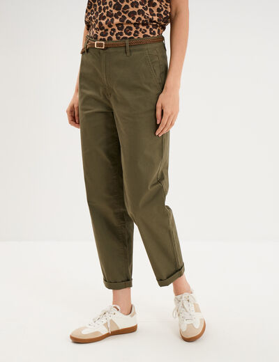 Pantalon chino regular ceinture tress&eacute;e vert kaki femme