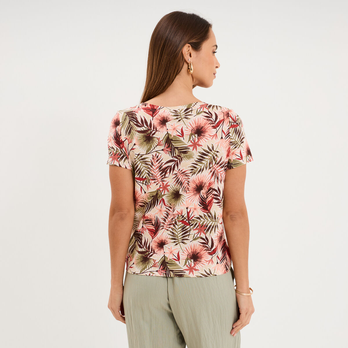 T-shirt taille effet nou&eacute; coton vert kaki femme