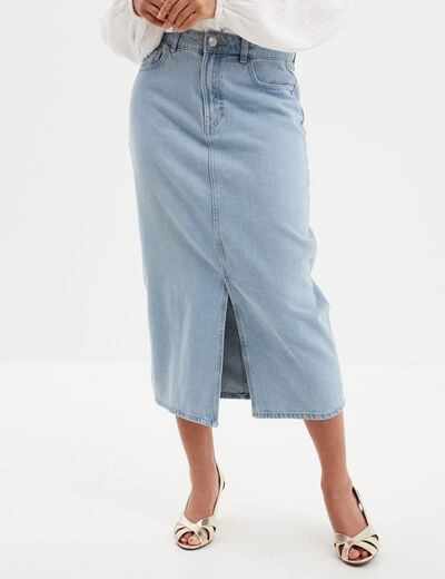 Jupe midi fendue en jean coton denim triple stone femme