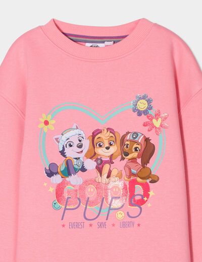 Sweat col rond coton Pat Patrouille rose corail fille