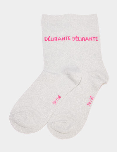 Chaussettes &agrave; fils m&eacute;tallis&eacute;s mi-hautes gris argent femme