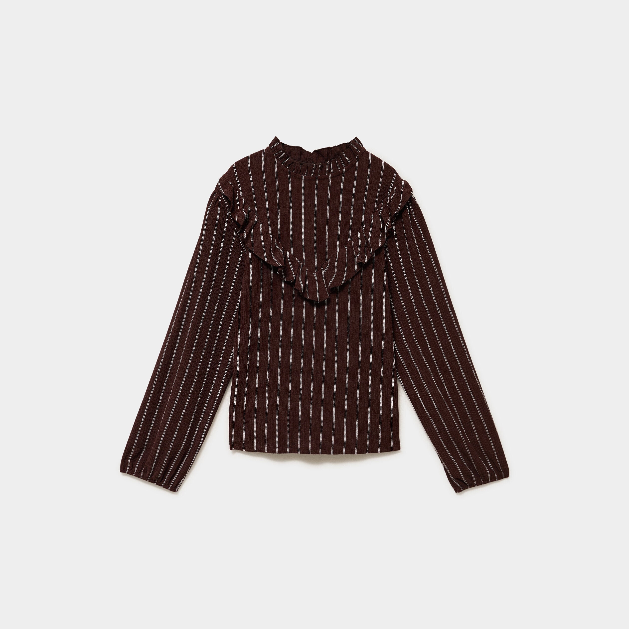 Blouse col montant à volants marron foncé femme