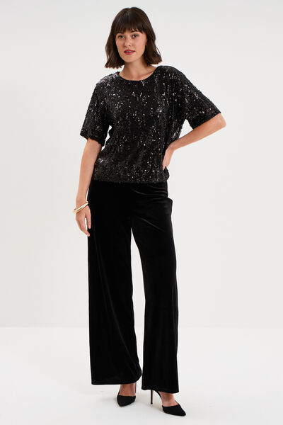 T-shirt &agrave; sequins manches courtes noir femme