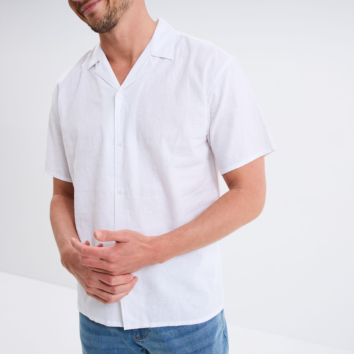 Chemise manches courtes mélange lin blanc homme