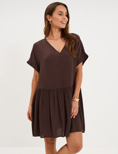 Robe courte fluide manches courtes marron fonc&eacute; femme