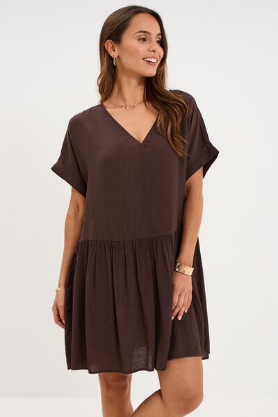Robe courte fluide manches courtes marron fonc&eacute; femme