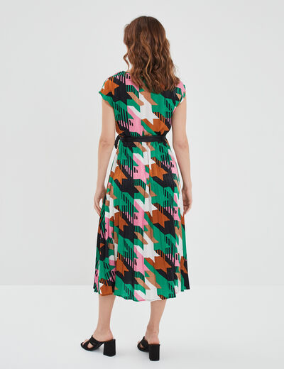 Robe longue évasée plissée et ceinturée ecru femme