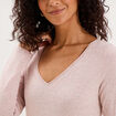 T-shirt manches longues col en V coton rose clair femme