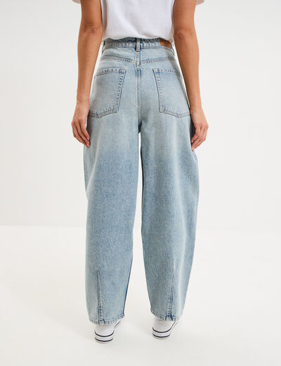 Jean balloon taille haute cropped coton bleu gris femme