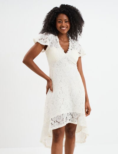 Robe midi col V dentelle et volants blanc femme