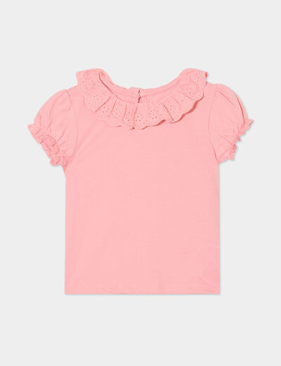 T-shirt col claudine brodé coton rose corail bébé fille