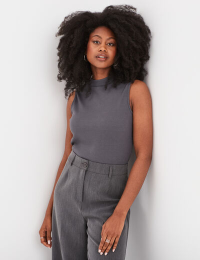 T-shirt côtelé col montant sans manches bleu gris femme