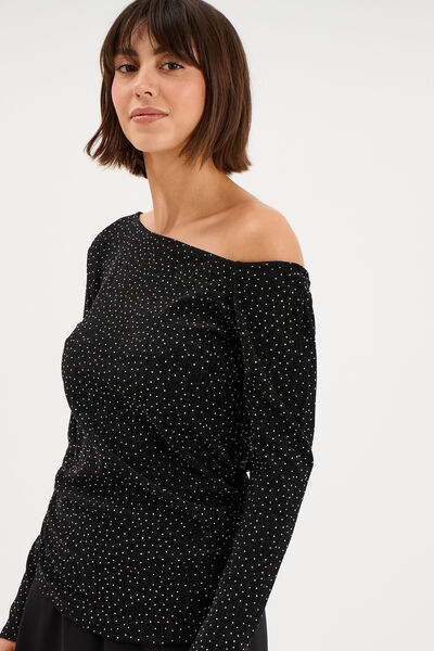 T-shirt cintr&eacute; &agrave; clous col asym&eacute;trique noir femme
