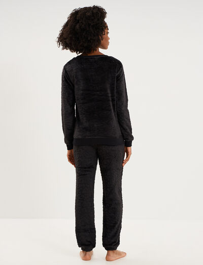 Ensemble pyjama effet polaire col rond noir femme