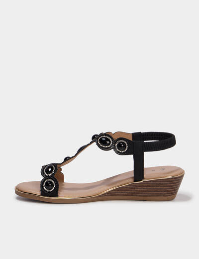 Sandales compens&eacute;es 5 cm d&eacute;tails bijoux noir femme