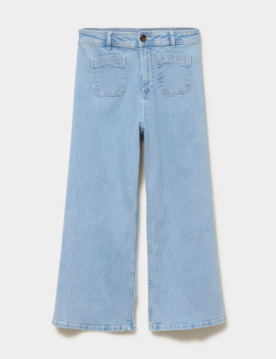 Jean large cropped poches plaqu&eacute;es coton denim triple stone femme
