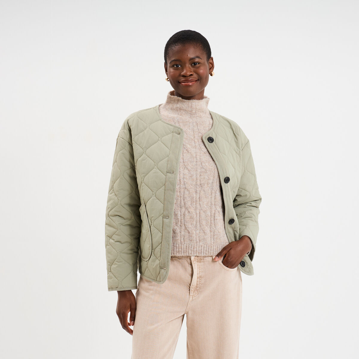 Veste matelass&eacute;e boutonn&eacute;e col rond vert kaki femme