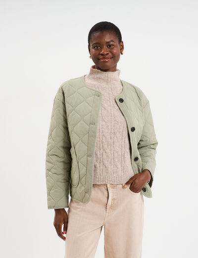 Veste matelass&eacute;e boutonn&eacute;e col rond vert kaki femme