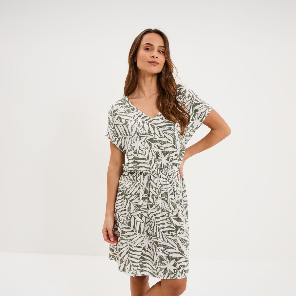 Robe caftant courte col en V vert kaki femme