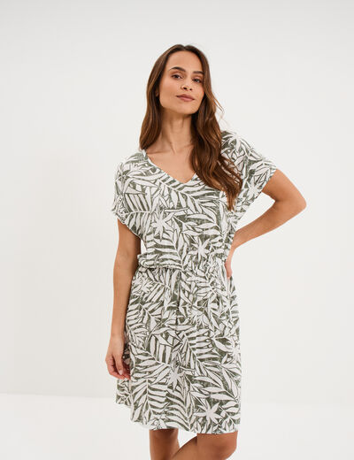 Robe caftant courte col en V vert kaki femme