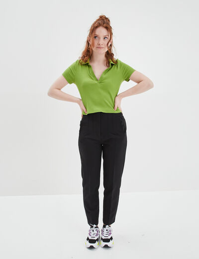 T-shirt court côtelé col polo coton vert femme