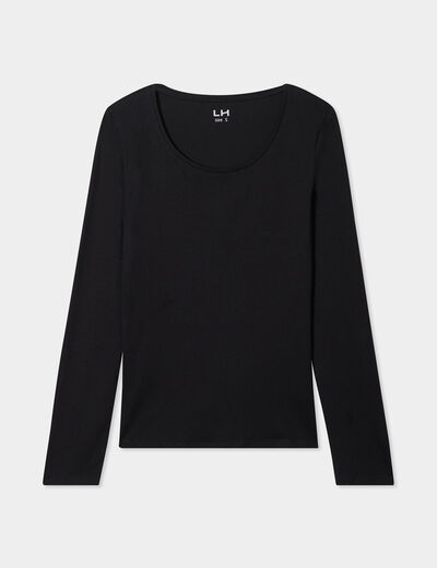 T-shirt coton col rond manches longues noir femme