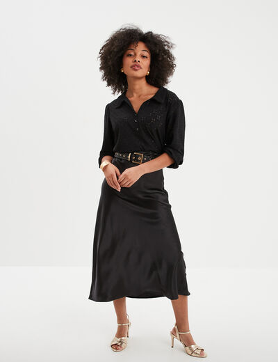 Jupe midi effet satin noir femme