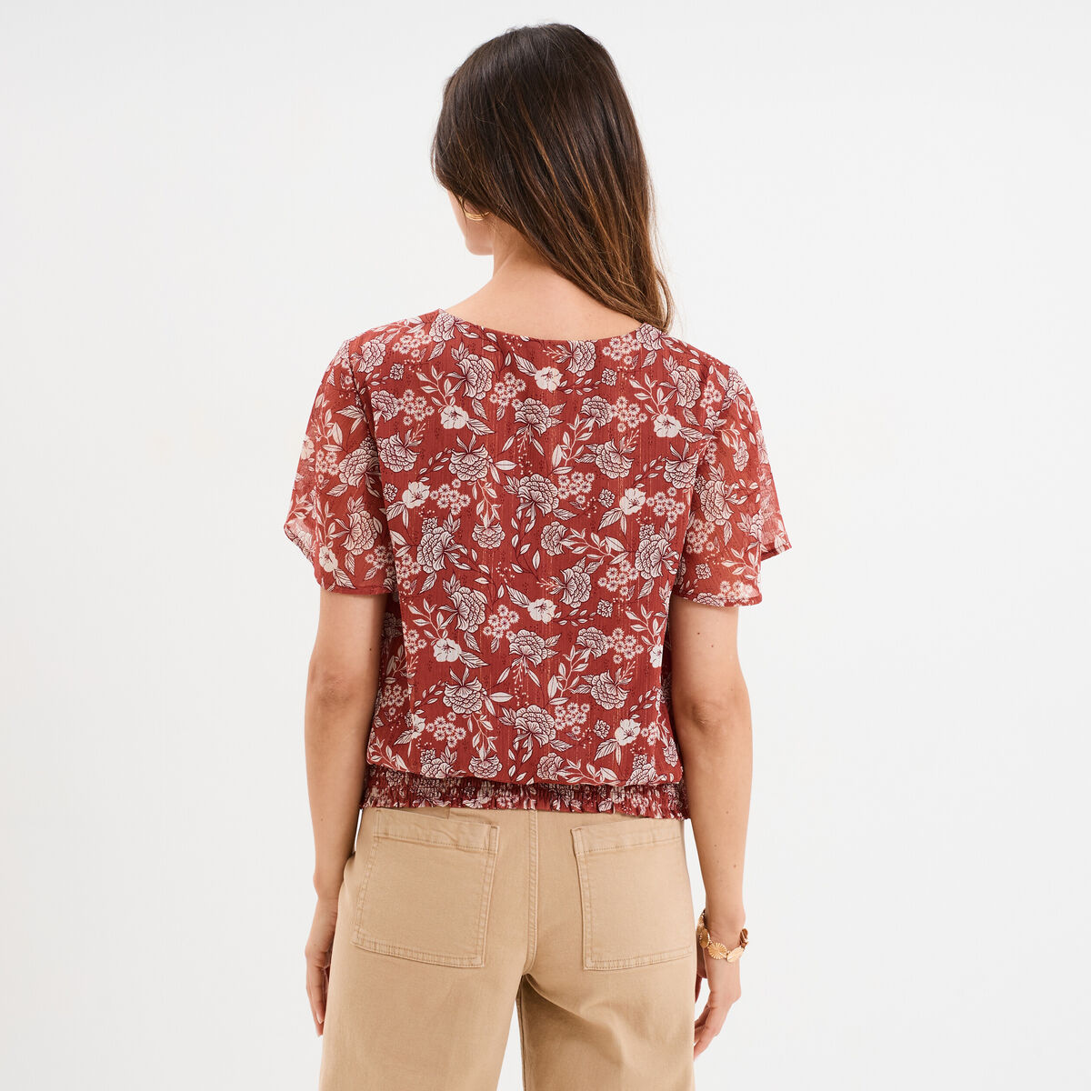 Blouse col en V taille élastiquée terracotta femme