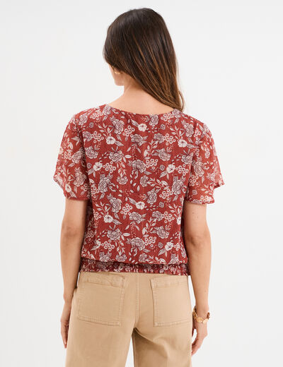 Blouse col en V taille élastiquée terracotta femme